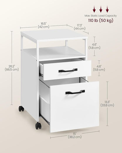 VASAGLE File Cabinet, Mobile Filing Cabinet with Wheels, 2 Drawers, Open Shelf, for A4, Letter Size, Hanging File Folders, Cloud White UOFC071W14
