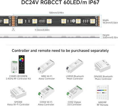BTF-LIGHTING RGBCCT 5 Colors in 1 LED 5050SMD RGBWW RGB+Dimmable Tunable Color Temperature 2700K-6500K 16.4ft 60LEDs/m 300LEDs DC24V Multi-Colored Lights IP67 for Decoration(No Adapter or Controller)