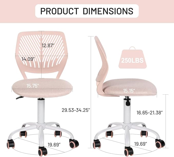 Desk Chair Small Armless, Comfy Home Office Chair with Fabric Seating Cushion and Plastic Low-Back, Adjustable Swivel Study Computer Task Chair for Student Children Kids with Rolling Wheels, Pink