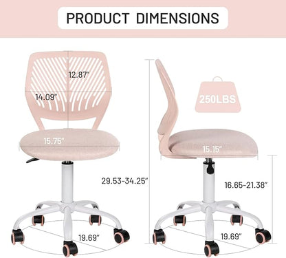 Desk Chair Small Armless, Comfy Home Office Chair with Fabric Seating Cushion and Plastic Low-Back, Adjustable Swivel Study Computer Task Chair for Student Children Kids with Rolling Wheels, Pink