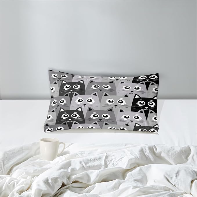 Cat Comforter Set Twin Size - 2Pcs Grey Cat Bedding Set for Boys Girls Teens Cute Animals Themed Bedding Set Warm Ultra Soft Cartoon Cat Quilt Cover with 1 Pillowcase for Kids Room Decor