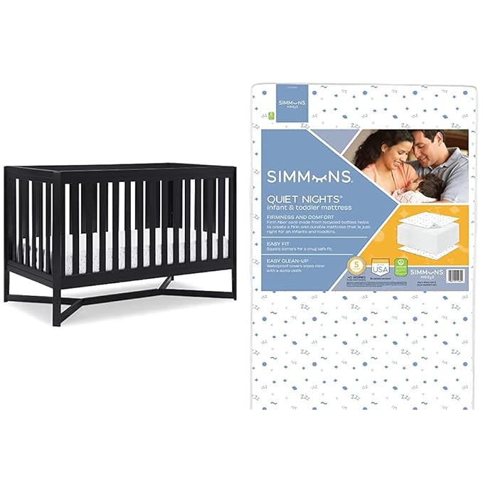 Delta Children Tribeca 4-in-1 Baby Convertible Crib + Simmons Kids Quiet Nights Crib and Toddler Mattress Made from Recycled Water Bottles/GREENGUARD Gold Certified [Bundle], Midnight Grey