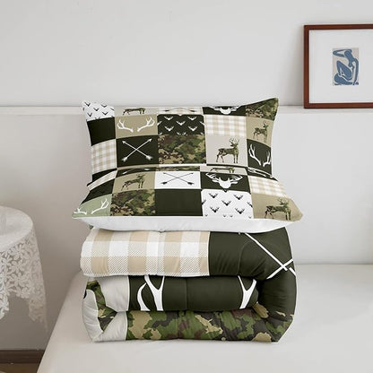 Camo Deer Kids Comforter Set Full Size,Deer Antlers Rustic Hunting Arrows Bedding Set,Girls Boys Adults Cabin Decor,Geometric Plaids Patchwork Down Comforter,Camo Country Duvet Insert,2 Pillowcases