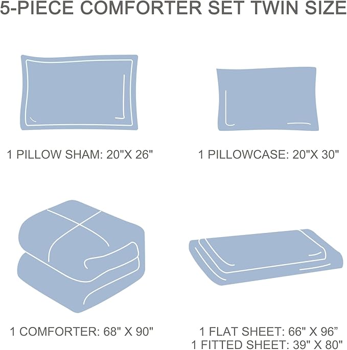 EMME Twin Comforter Set - 5 Pcs Blue Boho Bedding Sets, Twin Size Tufted Comforter with Sheets, Shabby Chic Embroidery Bed Set Fluffy Bed Bag for All Season(68"X90")