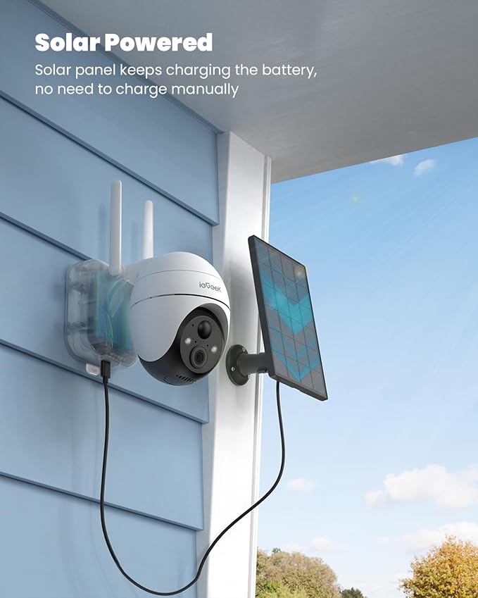 ieGeek Security Cameras Wireless Outdoor, 2K WiFi Home Security System 360° PTZ Camera 2 Pack, Solar/Battery Powered Cam with Spotlight/Siren/AI/Motion Sensor/3MP Color Night Vision, Works with Alexa