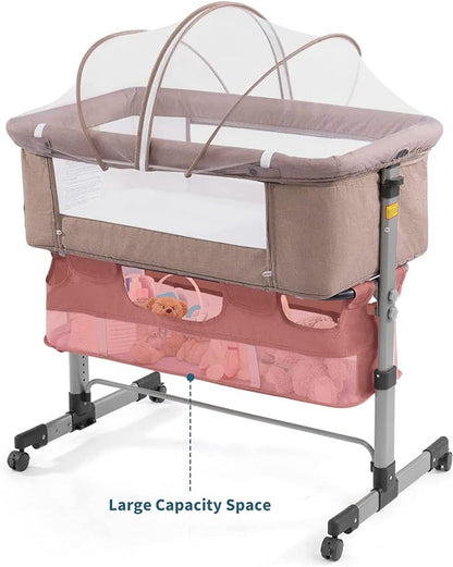 3in1 Bedside Crib for Girl or Boy, Bedside Sleeper for Baby Portable and Adjustable Crib with Mosquito net for Newborn Baby,Deep Khaki