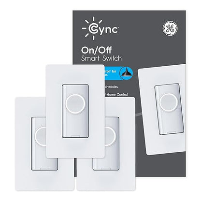 GE CYNC Smart Light Switch On-Off Button Style, Neutral Wire Required, Bluetooth and 2.4 GHz Wi-Fi 4-Wire Switch, Compatible with Alexa and Google Home (3 Pack), White