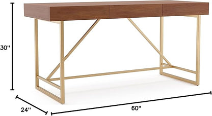 Lizon Modern 60 Inch Wood Desk with Drawers, Office Table with Storage, Vanity Without Mirror for Bedroom, Study Room, Dorm, 60-inch, Light Walnut Brown and Gold