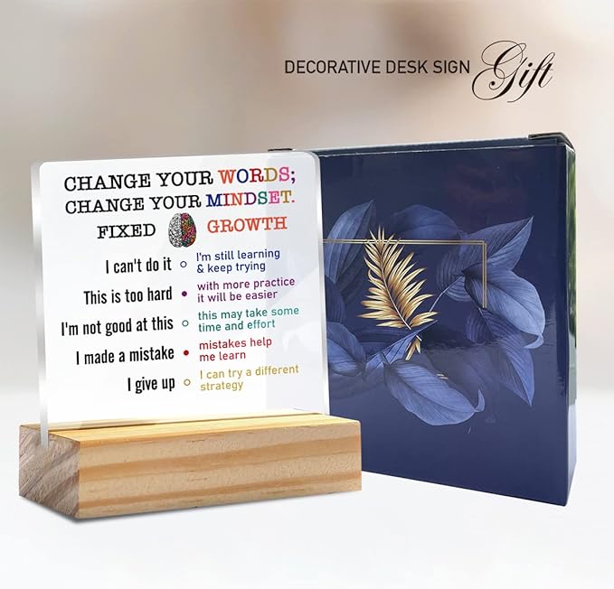 Growth Mindset Gift Change Your Words Change Your Mindset Clear Desk Decorative Sign Keepsake Present Positive Acrylic Plaque with Wooden Stand Sign Desk Decor for Home Office