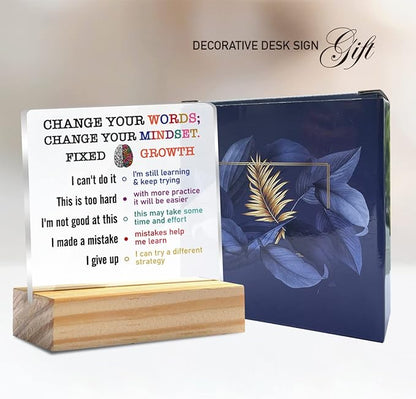 Growth Mindset Gift Change Your Words Change Your Mindset Clear Desk Decorative Sign Keepsake Present Positive Acrylic Plaque with Wooden Stand Sign Desk Decor for Home Office