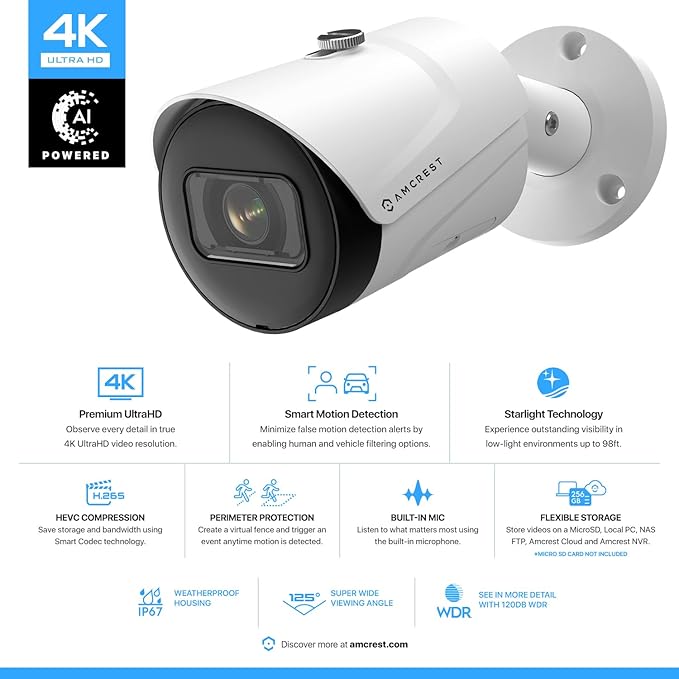 Amcrest 4K (8MP) IP POE Camera, UltraHD Outdoor Bullet, 3840x2160, 98ft NightVision, 125° FOV, IP67, MicroSD (256GB), Human & Vehicle Detection, Tripwire & Intrusion, (IP8M-2496EW-AI-V3)