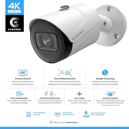 Amcrest 4K (8MP) IP POE Camera, UltraHD Outdoor Bullet, 3840x2160, 98ft NightVision, 125° FOV, IP67, MicroSD (256GB), Human & Vehicle Detection, Tripwire & Intrusion, (IP8M-2496EW-AI-V3)