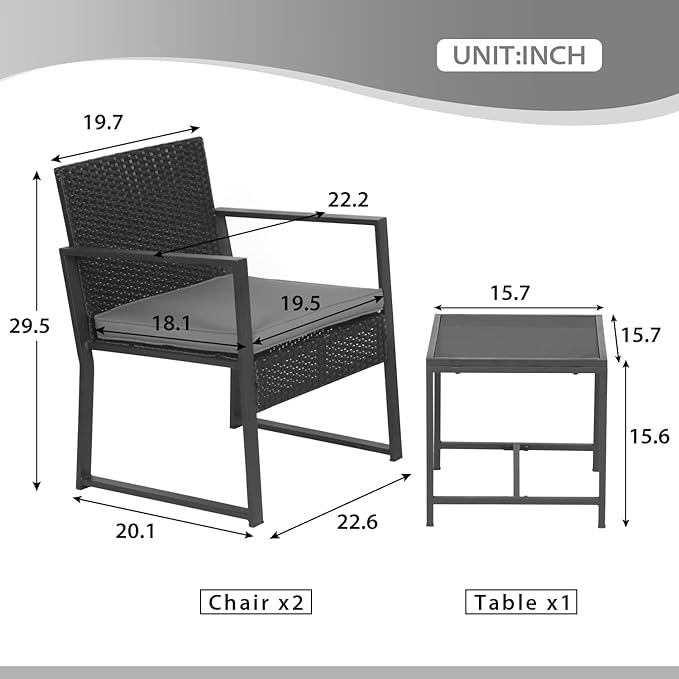 FDW 3 Piece Patio Furniture Sets Wicker Patio Chairs Rattan Outdoor Bistro Set Outdoor Furniture for Backyard Porch Poolside Lawn,Grey Cushion