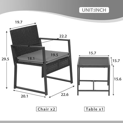 FDW 3 Piece Patio Furniture Sets Wicker Patio Chairs Rattan Outdoor Bistro Set Outdoor Furniture for Backyard Porch Poolside Lawn,Grey Cushion