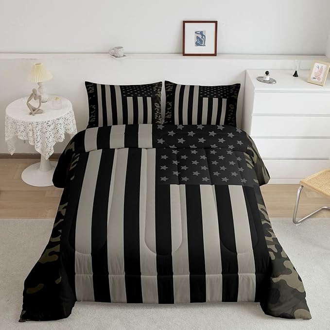 American Flag Comforter Set Twin Military Camo Down Comforter,Retro Army Green Camouflage USA Flag Bedding Set For Kids Boys Teens Men Bedroom,Black Grey Stars Stripes Quilt Duvet Set 1 Pillow Case