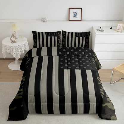 American Flag Comforter Set Full Military Camo Down Comforter,Retro Army Green Camouflage USA Flag Bedding Set For Kids Boys Teens Men Bedroom,Black Grey Stars Stripes Quilt Duvet Set 2 Pillow Cases