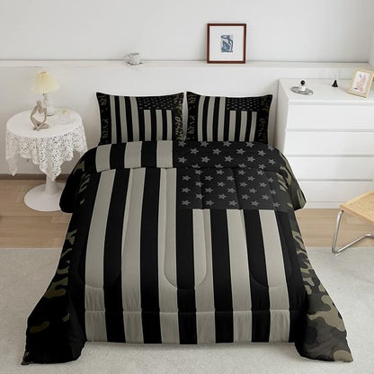 American Flag Comforter Set Queen Military Camo Down Comforter,Retro Army Green Camouflage USA Flag Bedding Set For Kids Boys Teens Men Bedroom,Black Grey Stars Stripes Quilt Duvet Set 2 Pillow Cases