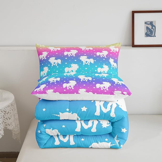 3 Piece Unicorn and Stars Bedding Set Queen Size,Tie Dye Pastel Comforter Sets Rainbow Printed Duvet Sets for Kids Girls Teens,Girly Sweet Colorful Down Comforter Bedroom Decor with 2 Pillow Cases