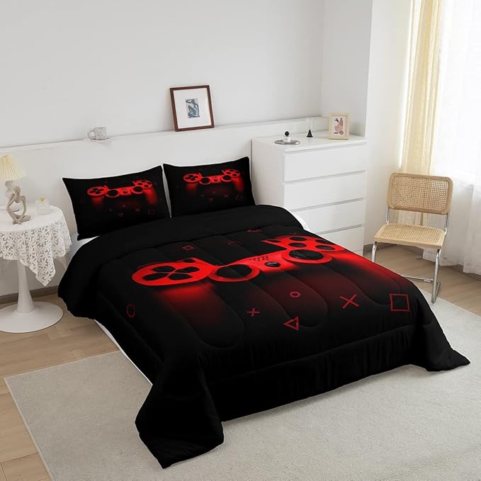 Boys Gamer Comforter Set Full Size,Gamepad Bedding Set Kids Young Man Video Games Down Comforter for Teen Child Game Room Decor Black Red Classic Retro Gaming Quilted Duvet Set with Pillowcase