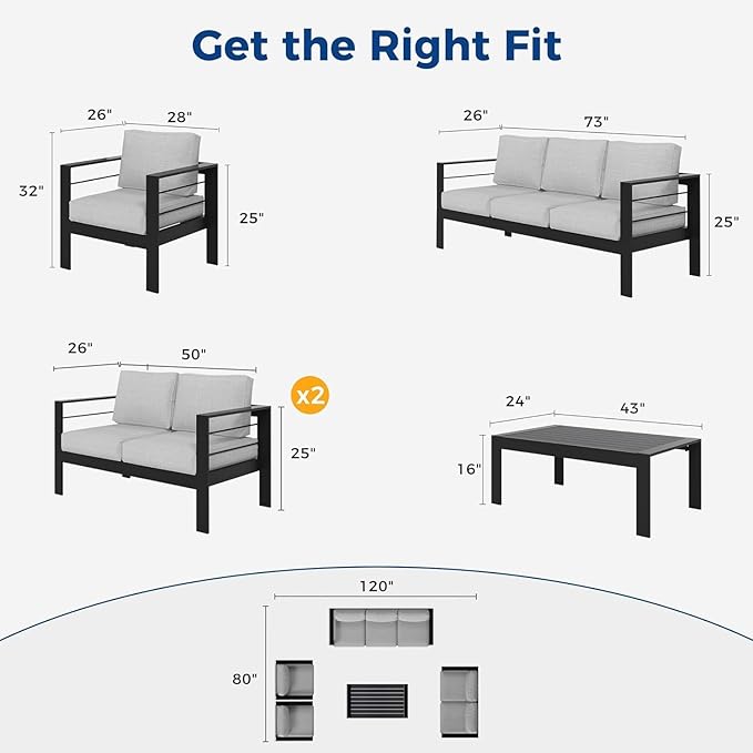 Wisteria Lane Aluminum Patio Furniture Set, 5 Piece Outdoor Conversation Set, Sectional Metal Sofa with 5 Inch Cushion and Coffee Table for Balcony, Backyard, Garden, Black Frame and Grey Cushion