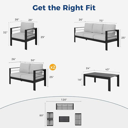 Wisteria Lane Aluminum Patio Furniture Set, 5 Piece Outdoor Conversation Set, Sectional Metal Sofa with 5 Inch Cushion and Coffee Table for Balcony, Backyard, Garden, Black Frame and Grey Cushion