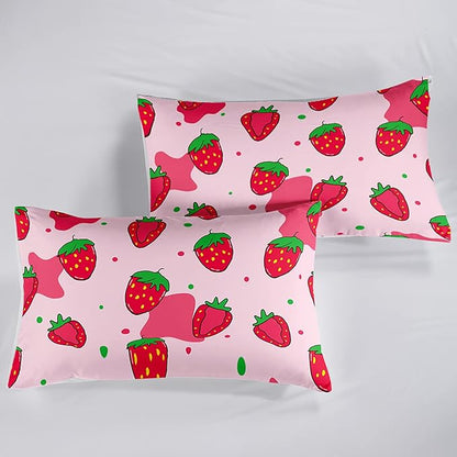 Kawaii Comforter Queen,Pink Strawberry Comforter Set for Kids Teens Girls,3Pcs Bedding Set Printed Comforter with 2 Pillowcases,Down Alternative,Soft and Lightweight，Queen Size