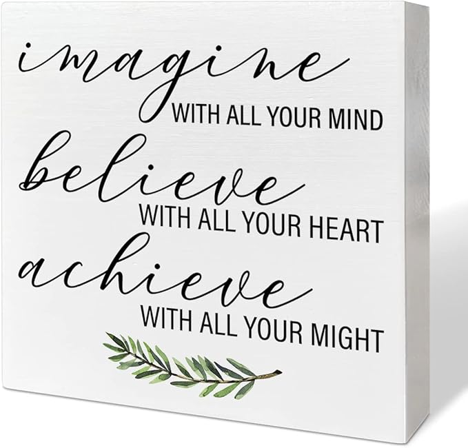 Home Office Desk Wooden Box Sign Decor, Imagine with All Your Mind, Inspirational Quotes Desk Decor Motivational Desk Decorations for Women Men Student Office Classroom School