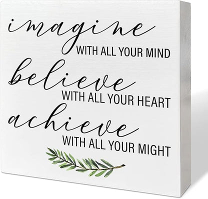 Home Office Desk Wooden Box Sign Decor, Imagine with All Your Mind, Inspirational Quotes Desk Decor Motivational Desk Decorations for Women Men Student Office Classroom School