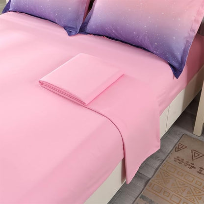 Wowelife Glitter Comforter Set Pink Queen 5 Pieces Galaxy Bedding Set Purple Kids Bedding Set Rainbow Bed in a Bag for Boys and Girls with Comforter, Flat Sheet, Fitted Sheet and 2 Pillowcases