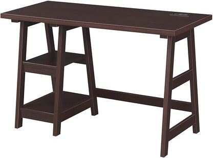Convenience Concepts Designs2Go Trestle Desk with Charging Station and Shelves, Espresso