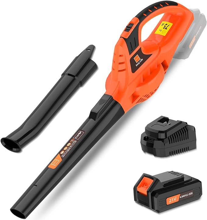 Leaf Blower Cordless,21V Handheld Electric Leaf Blower with 4.0Ah Battery and Charger, 2 Speed Mode, Lightweight Battery Powered Leaf Blower for Lawn Care, Patio, Yard, Sidewalk (Orange)