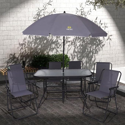 Nice C Outdoor Dining Sets, Patio Furniture Set, 8 Piece Set with Umbrella, Garden Outdoor Furniture Table Set with Tilted Removable Umbrella, Glass Table, and 6 Folding Chairs (Grey)