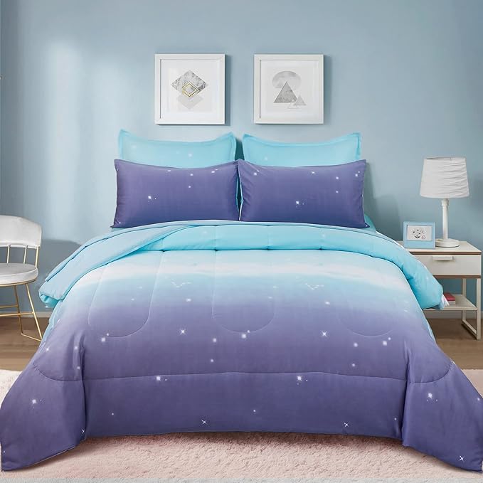 Girls Comforter Set Twin Size 6 Pieces Bed in A Bag Colorful Ombre Blue Purple Rainbow Bedding Set for Kids Teen (1 Comforter, 1 Flat Sheet, 1 Fitted Sheet, 1 Pillow sham, 2 Pillowcases)