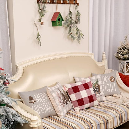 GEEORY Christmas Pillow Covers 18 x 18 Inch Set of 4, Buffalo Plaid Wooden Tree Snow Sleigh Merry Xmas Holiday Decor Decorative Throw Cushion Cases Decoration for Home Party Sofa Couch (Beige)