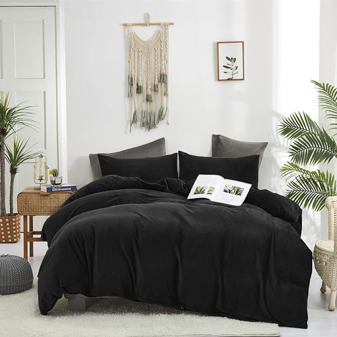 Wellboo Black Velvet Comforter Sets Twin Solid Black Fluffy Bedding Comforters Women Men Plain Dark Color Flannel Quilt Modern Minimalist All Black Comforters Twin Size Micromink Sherpa Plush Bedding