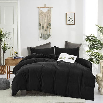 Wellboo Black Velvet Comforter Sets Twin Solid Black Fluffy Bedding Comforters Women Men Plain Dark Color Flannel Quilt Modern Minimalist All Black Comforters Twin Size Micromink Sherpa Plush Bedding