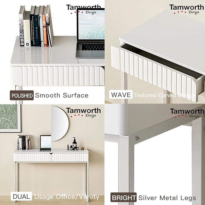 White Vanity Desk with 2 Drawers, Silver and White Desk,Home Office Desk Modern Makeup Vanity Table with Glossy Desktop,Writing Computer Standing Desk with Wood Top and Metal Legs