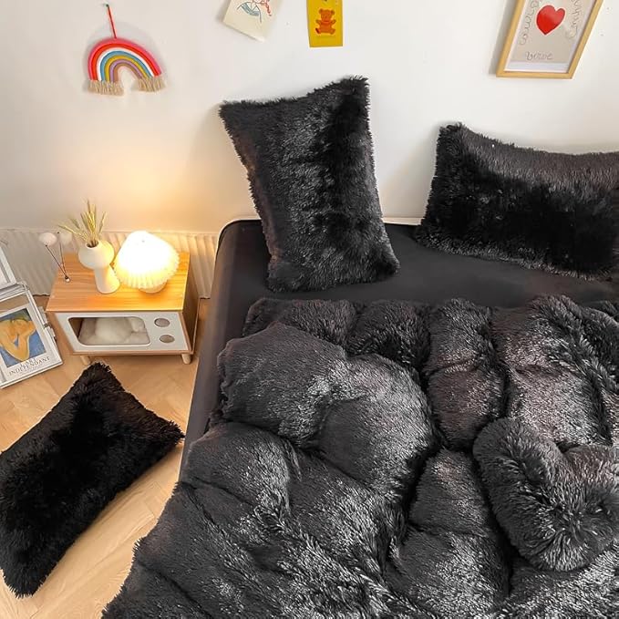 Faux Fur Kids Girls Black Comforter Sets Queen - 3PC Bed Set Warm Comfortable Soft Plush Flannel Velvet Fluffy Fuzzy Bedding（Comforter x 1 Pillowcases x 2）