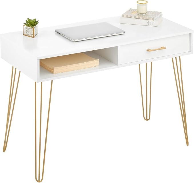 mDesign Metal/Wood Modern Computer Desk - Minimalist Desk and Computer Table with Drawer - Simple Desk with Storage Cubby and Hairpin Legs - Small Work Desk for Home Office, Study - White/Soft Brass