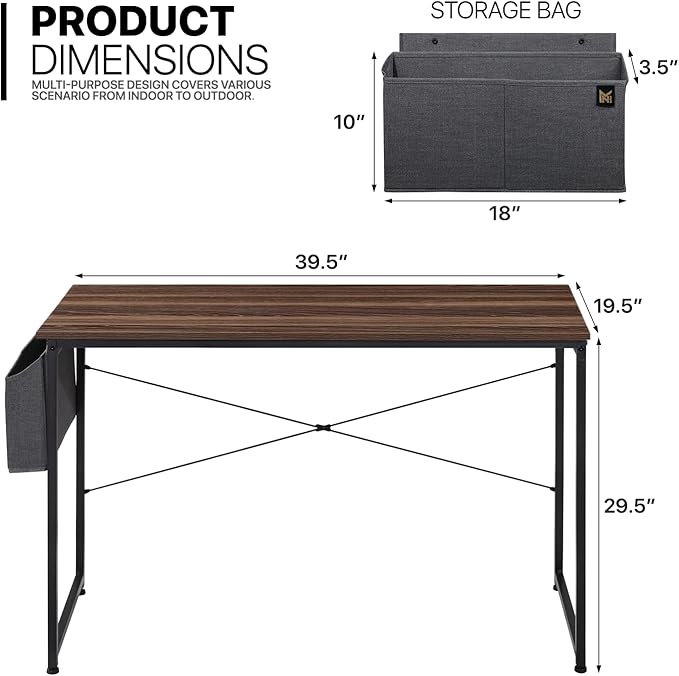 MoNiBloom 40 Inches Computer Desk with Storage Bag, Study Work Writing Table w/Metal Frame for Home Office, Walnut Color