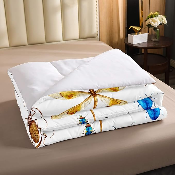 Erosebridal Kids Dragonfly Down Comforter Dragonfly Gifts for Women, Ladybug Insect Comforter Set Queen Size for Children Boys Girls Teens, Reptile Pattern Bedding Comforters Colorful Duvet Insert
