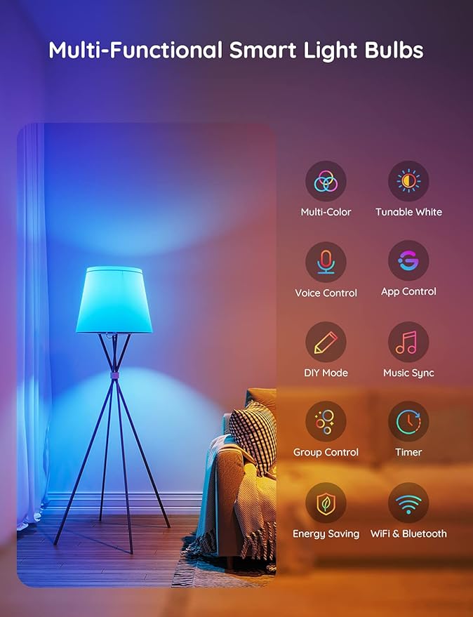 Govee Smart Light Bulbs, WiFi Bluetooth Color Changing Light Bulbs, Music Sync, 54 Dynamic Scenes, 16 Million DIY Colors RGB Light Bulbs, Work with Alexa, Google Assistant, 800 Lumen, 8 Pack