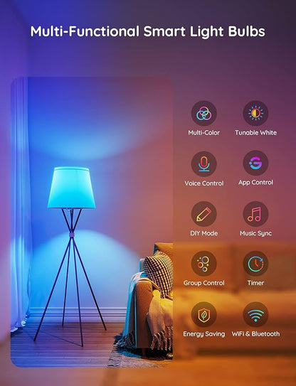 Govee Smart Light Bulbs, WiFi Bluetooth Color Changing Light Bulbs, Music Sync, 54 Dynamic Scenes, 16 Million DIY Colors RGB Light Bulbs, Work with Alexa, Google Assistant, 800 Lumen, 8 Pack