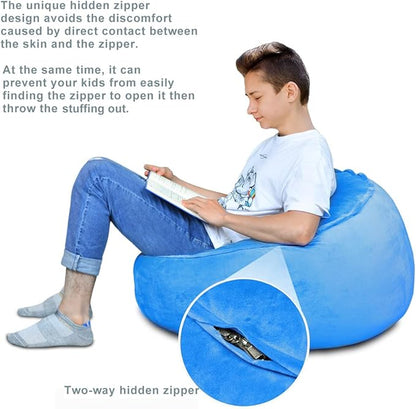 Bean Bag Chair Cover, Stuffed Animal Storage, Plush Toys Organizer Holder, Beanbag Chairs Cover for Kids Teans and Adults Super Soft and Comfortable Fabric X-Large with Handle and Zipper -Round Blue