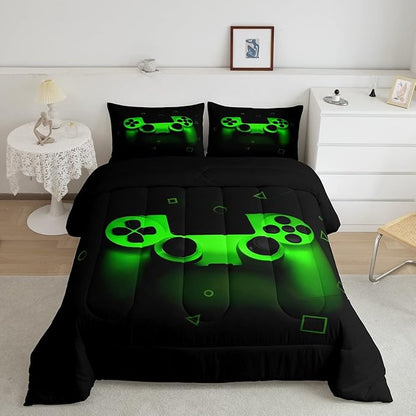 Gamer Comforter Set For Boys Twin,Gaming Bedding Comforters For Kids Teens Men Game Room Decor,Video Game Down Comforter Reversible Retro Green Gamepad Controller Quilt Duvet Sets Home Decor 2 Pcs