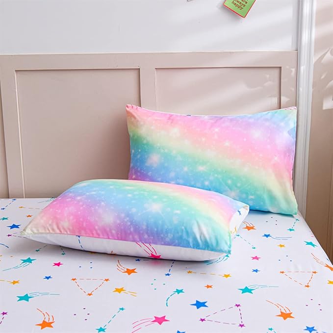 Holawakaka Girls Ombre Glitter Comforter Set, Full Size Gradient Rainbow Galaxy Print Kids Bedding Sets, Multi-color Ultra-soft Dorm Bed Set (Pink Green, Full)