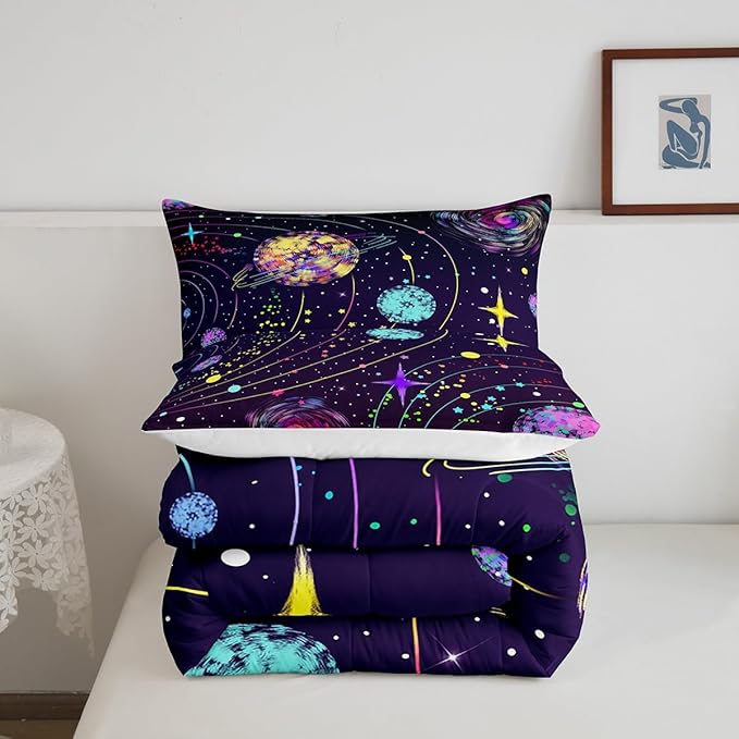 Feelyou Solar System Comforter Set Twin Size Outer Space Comforter for Kids Teens Adults Universe Planets Bedding Set Cute Astronaut Purple Duvet Set Room Decor 2Pcs with 1 Pillow Case