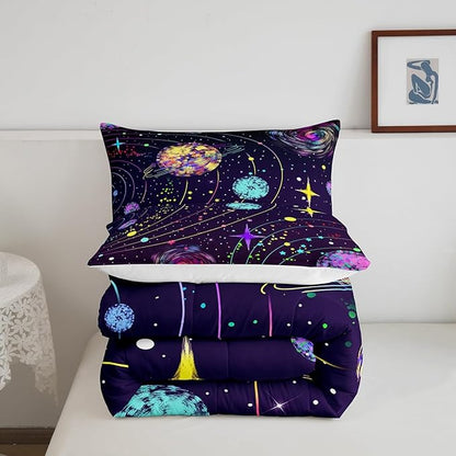 Feelyou Solar System Comforter Set Twin Size Outer Space Comforter for Kids Teens Adults Universe Planets Bedding Set Cute Astronaut Purple Duvet Set Room Decor 2Pcs with 1 Pillow Case