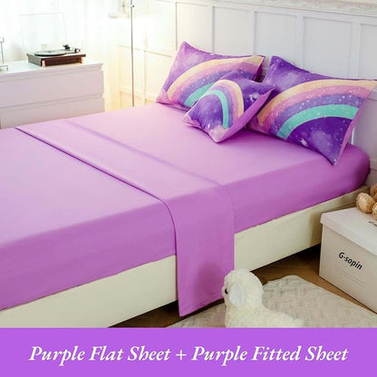 Purple Rainbow Girls Comforter Set Twin, 6 Pieces Gradient Glitter Bedding Sets for Girls Kids, 3D Galaxy Nebula Kids Girls Bed Set with Sheets for All Season