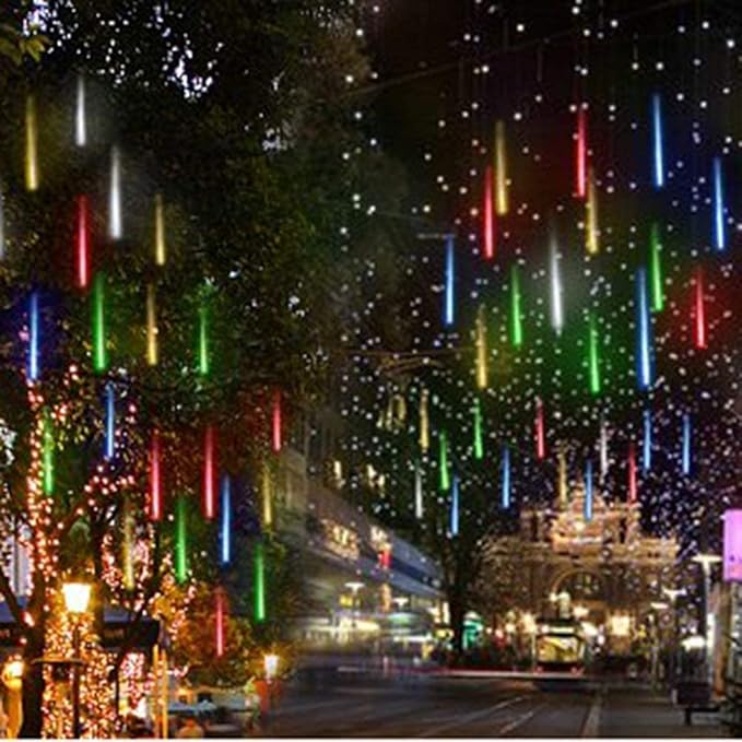 Meteor Shower Lights UL Certified 192 LED Falling Rain Lights with 30cm 8 Tubes rain Drop Christmas Icicle Cascading Lights for Xmas Halloween Decorations Party Holiday Garden Tree,Multicolor
